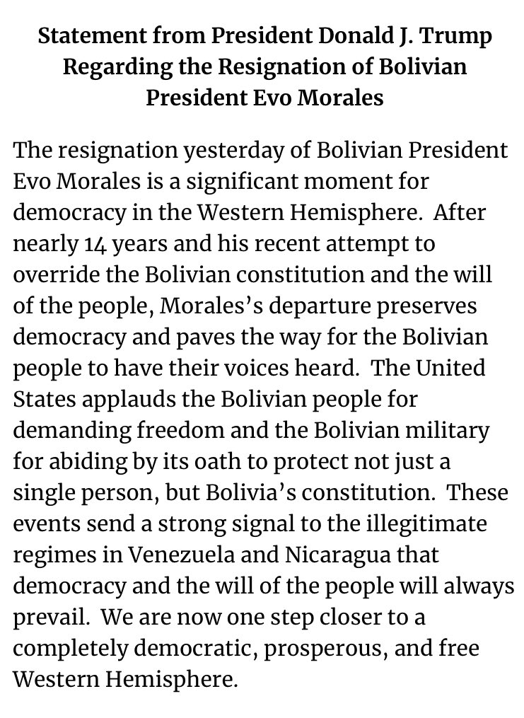 President Trump statement on the resignation of Bolivian Presidenr Evo Morales: